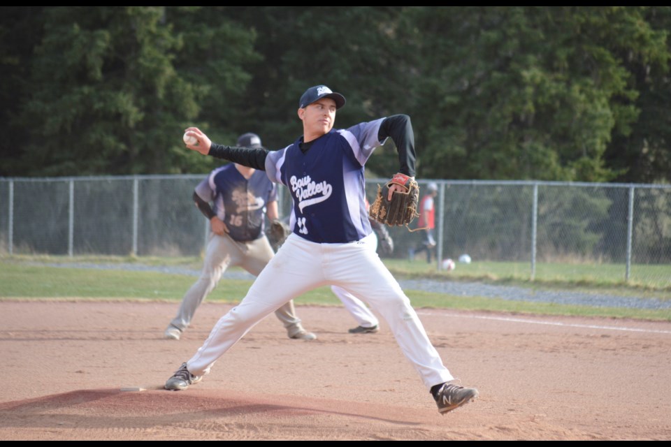 Bow Valley Blues ace Matt Arsenault struck out eight Reds batters on Tuesday (May 24) at Millennium Park in Canmore to improve his record to 2-0. JORDAN SMALL RMO PHOTO