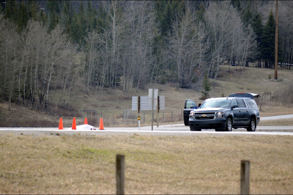 Police investigate the death of a woman on Sunday morning (May 1) on Highway 1 in Canmore. JORDAN SMALL RMO PHOTO
