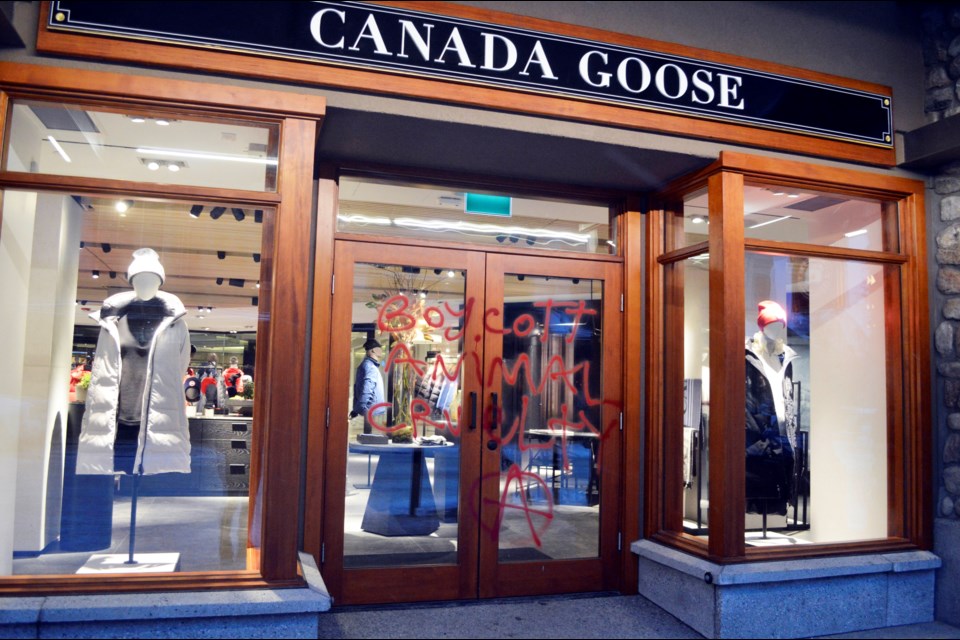 The recent spray-paint vandalism at the Canada Goose storefront in Banff. RCMP said the act occurred overnight on Tuesday (Dec. 10) and are seeking suspects. 
JORDAN SMALL RMO PHOTO