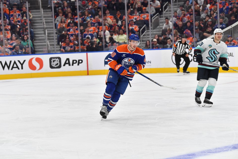 Edmonton Oilers prospect Noah Philp plays against the Seattle Kraken during the 2024-25 preseason. ANDY DEVLIN EDMONTON OILERS