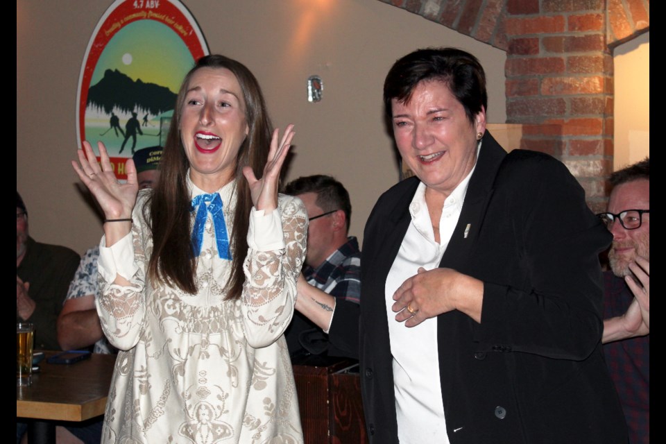 Newly elected Banff mayor Corrie DiManno, left, and former mayor and now Canadian Senator Karen Sorensen celebrate DiManno's mayoral win on Monday (Oct. 18) at the Banff Ave Brew Pub. JORDAN SMALL RMO PHOTO