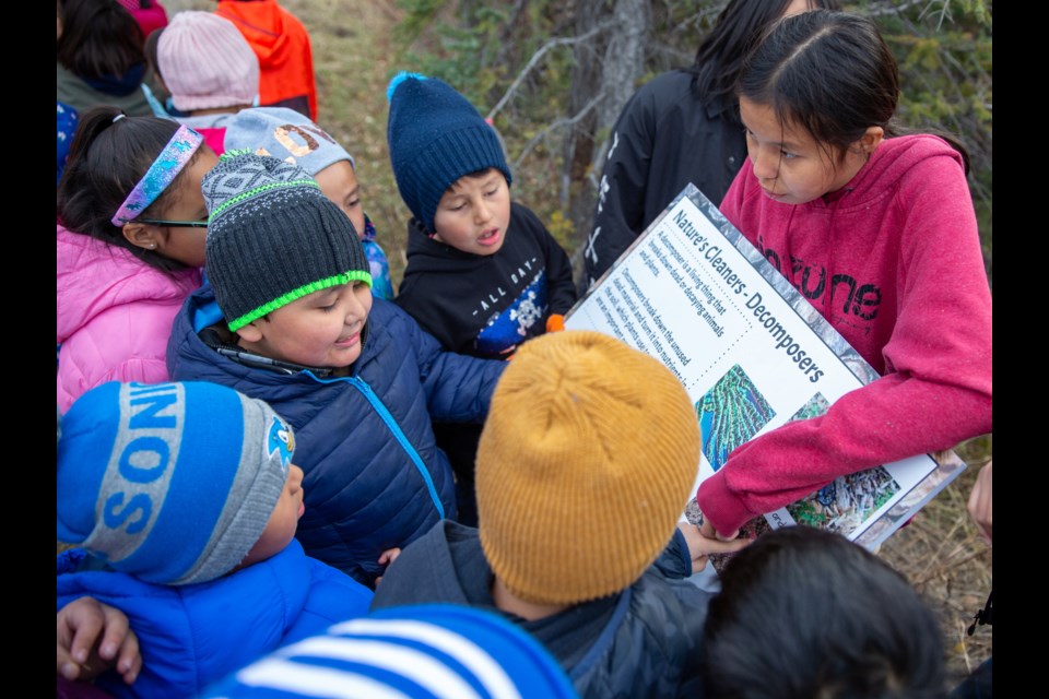 Grade 8 student, Shikoda Beaver explains one of the new interpretive signs, designed by Exshaw students, along the South Exshaw Trail in Exshaw on Tuesday (Oct. 22). EVAN BUHLER RMO PHOTO