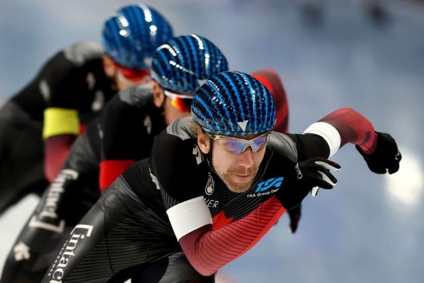 Canada's Ted-Jan Bloemen leads the way in the Team Pursuit, along with teammates Connor Howe of Canmore and Jordan Belchos, at the ISU speed skating world cup in Tomaszów Mazowiecki, Poland on Sunday (Nov. 14). SPEED SKATING CANADA PHOTO