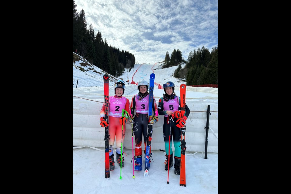 Canada's Britt Richardson, middle, won gold in the women's giant slalom at the 2024 FIS Junior World Ski Championships on Friday (Feb. 2) in Port du Soleil, France. FIS ALPINE X PHOTO