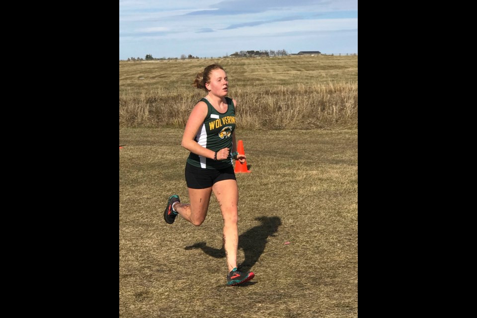 Canmore Wolverine, Issy Hendry, powers through the 5-km course at cross-country provincials in Medicine Hat on Saturday (Oct. 19). The Grade 12 runner won bronze in the senior girls race. Submitted photo