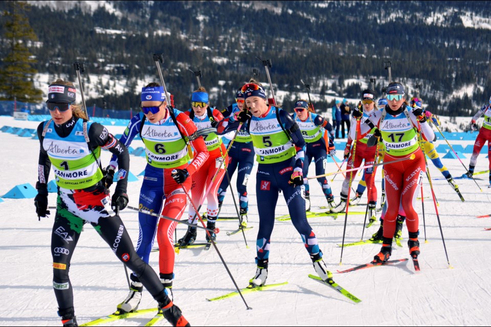 The lead pack after one lap of racing in the women's biathlon IBU Cup super sprint final on Sunday (Feb. 26) at the Canmore Nordic Centre. JORDAN SMALL RMO PHOTO