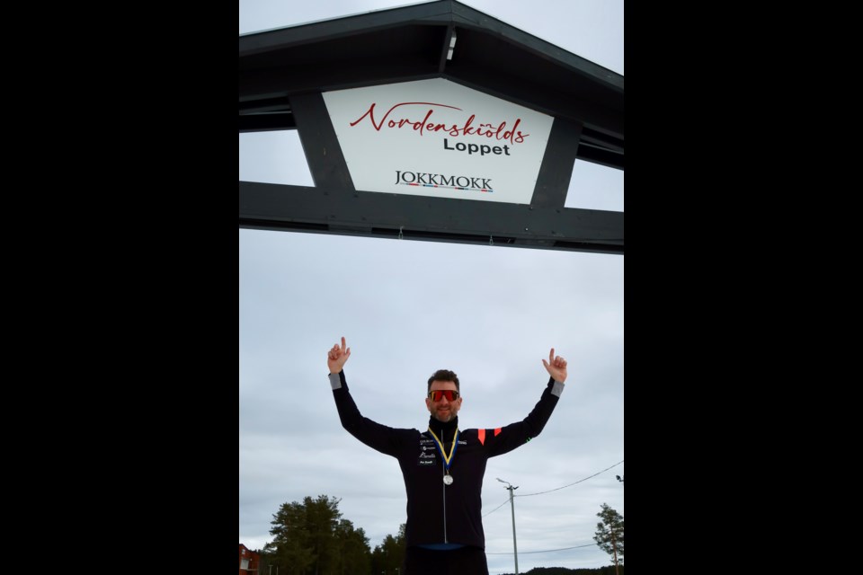 After completing the 230-km Nordenskiöldsloppet in Sweden on March 29, Andy Buchholtz of Canmore celebrates the start and finish area. SUBMITTED PHOTO                         