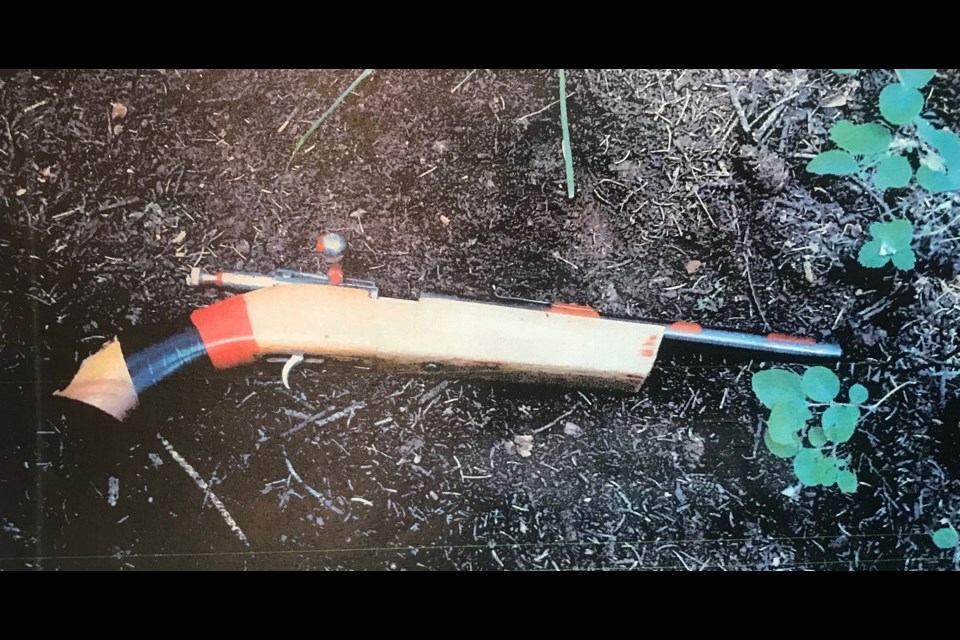 A a Cooey model 39 single-shot .22 short rifle presented as evidence in the trial of a 17-year-old Stoney Nakoda youth. The accused, who was 16 at the time and cannot be identified under the Youth Criminal Justice Act, pleaded not guilty to charges in connection to a Aug. 2, 2018 shooting along the 1A Highway. SUBMITTED IMAGE