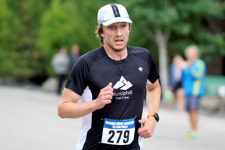 Canmore's Joël Desgreniers finished first in the 5-km race at the Rocky Mountain Half Marathon, 10 K & 5 K. He crossed the line at a time of 17:46.5. Jordan Small RMO Photo