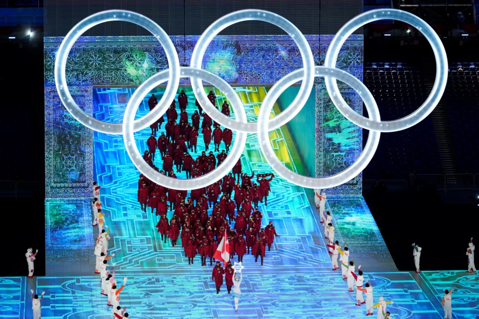 Canadian athletes at the opening ceremony of the Beijing 2022 Winter Olympic Games. ANDREW LAHODYNSKYJ CANADIAN OLYMPIC COMMITTEE PHOTO