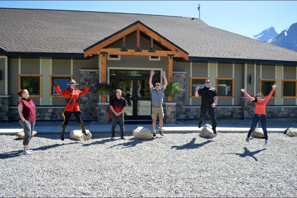 The ribbon cutting ceremony on Monday (June 21) outside the newly opened Lake Louise Sport and Recreation Centre. From left to right: Lake Louise Sport & Recreation Centre Board of Directors member Alex Janecke, RCMP constable Magali Dupuis, ID9 council chair Dave Schebek, Lake Louise Sport & Recreation Centre Board of Directors Chair Bill Keeling, ID9 councillor Jean-Macr Stelter, and ID9 councillor Davina Bernard. JORDAN SMALL RMO PHOTO