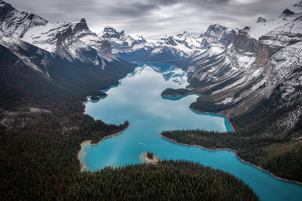 An aerial view of Maligne Lake in Jasper National Park. PAUL ZIZKA PHOTOGRAPHY