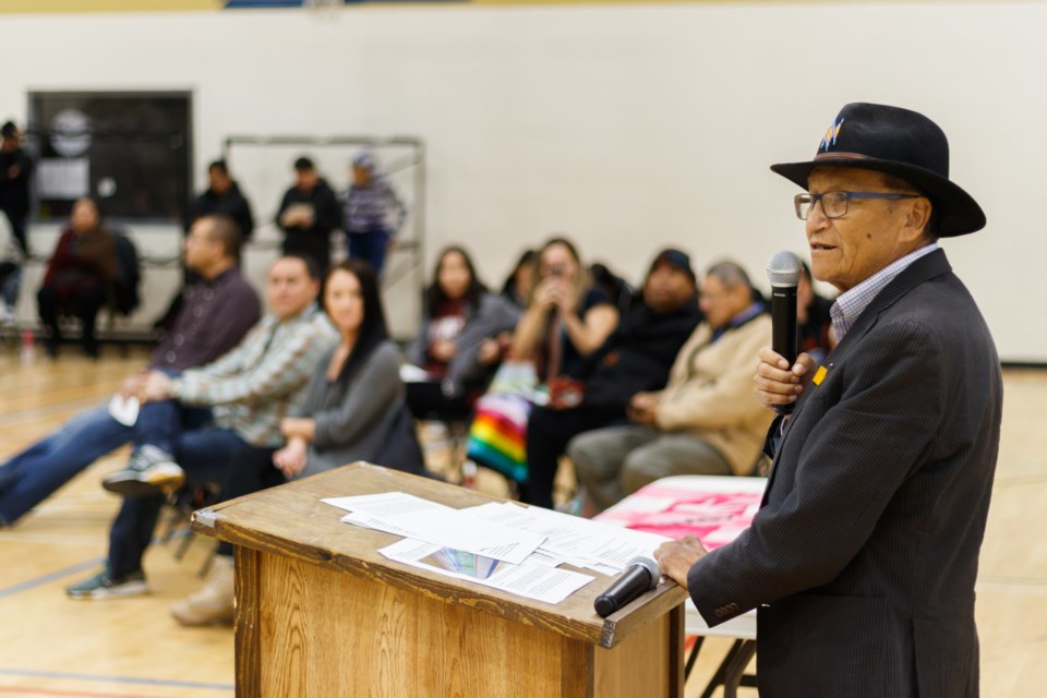 Artist Roland Rollinmud addresses the crowd a mural unveiling at Morley Community School on Thursday, Nov. 7, 2019. CHELSEA KEMP RMO PHOTO