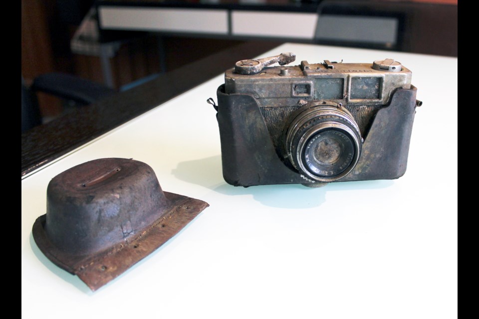 A vintage Olympus Ace Rangefinder that was found on the Athabasca Glacier in Alberta in August 2023. The old, rusted camera was a late 1950s model and is suspected to have been on the glacier for decades. JORDAN SMALL RMO PHOTO