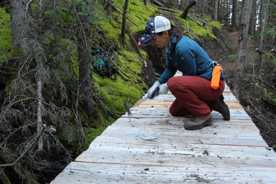 Friends of Kananaskis Country execitive director Nancy Ouimet works on a bridge that will be part of the new Razor's Edge trail east of Canmore. The Friends of Kananaskis, and its program Canmore Trails Alliance, have been part of a multi-stakeholder effort to realign the technical alpine single track mountain bike trail. TANYA FOUBERT RMO PHOTO