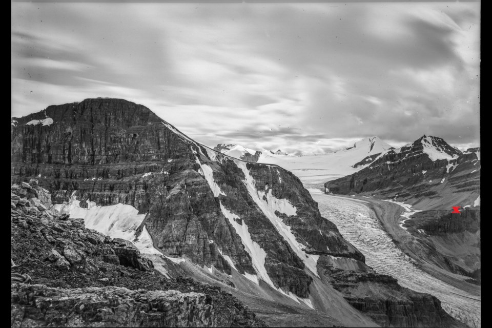 Peyto Glacier, 1903, by A.O. Wheeler, with X marking the spot the 2017 photo was taken from. Image courtesy of the Mountain Legacy Project and Library Archives Canada / BibliothÃ¨que et Archives Canada (ecopy #e011083093)
