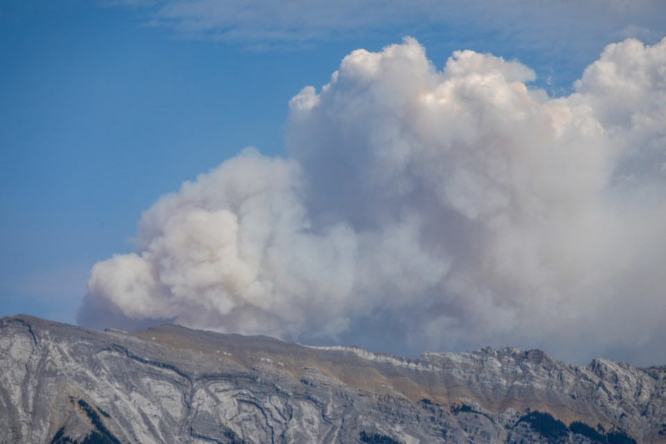 The smoke plume from a wildfire near Blackrock Mountain on the eastern border of Banff National Park is seen above Lake Minnewanka Saturday (Sept. 5). EVAN BUHLER RMO PHOTO