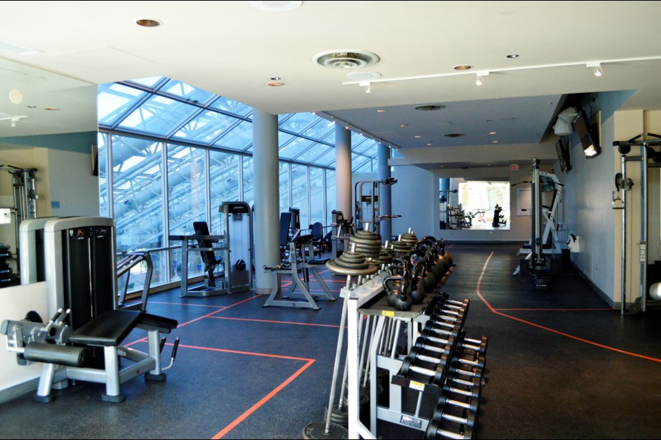 Inside The Banff Centre's Sally Borden Recreation Centre. The fitness area has been  modified for social distancing. JORDAN SMALL RMO PHOTO