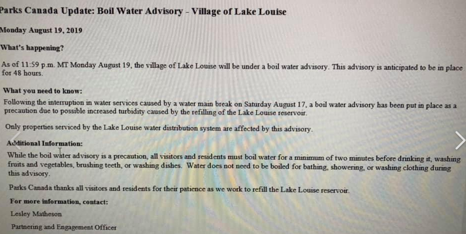 Screen shot of the boil water advisory.