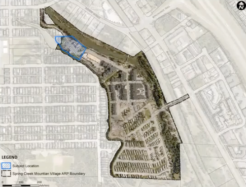 The Spring Creek Mountain Village development area, with the area for two new hotels highlighted in blue. 