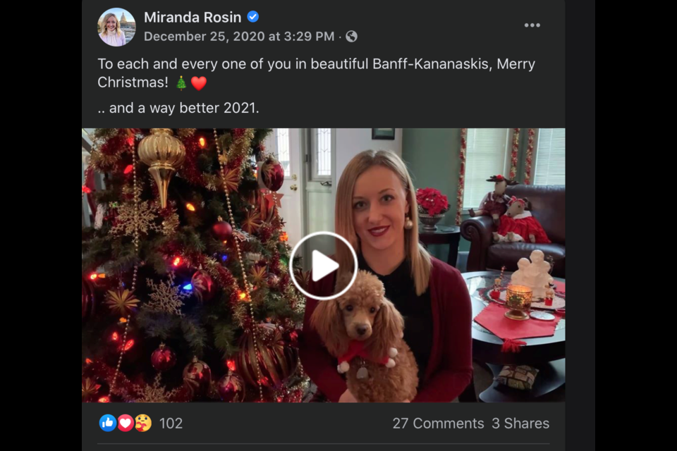 A screenshot from Banff-Kananaskis MLA Miranda Rosin's 2020 Christmas message. 