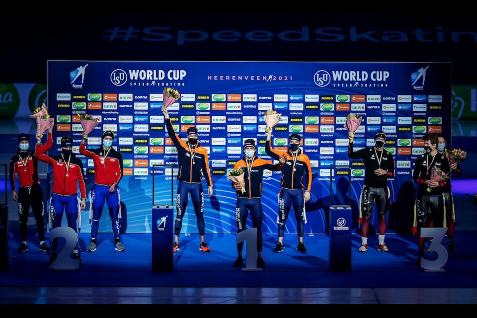 The award ceremony following the team pursuit. Canada won bronze. SPEED SKATING CANADA PHOTO