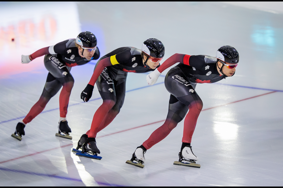 Canada's Connor Howe, Ted-Jan Bloemen and Jordan Belchos in the team pursuit at the ISU World Cup Speed Skating in Heerenveen, the Netherlands on Friday (Jan. 22). SPEED SKATING CANADA PHOTO