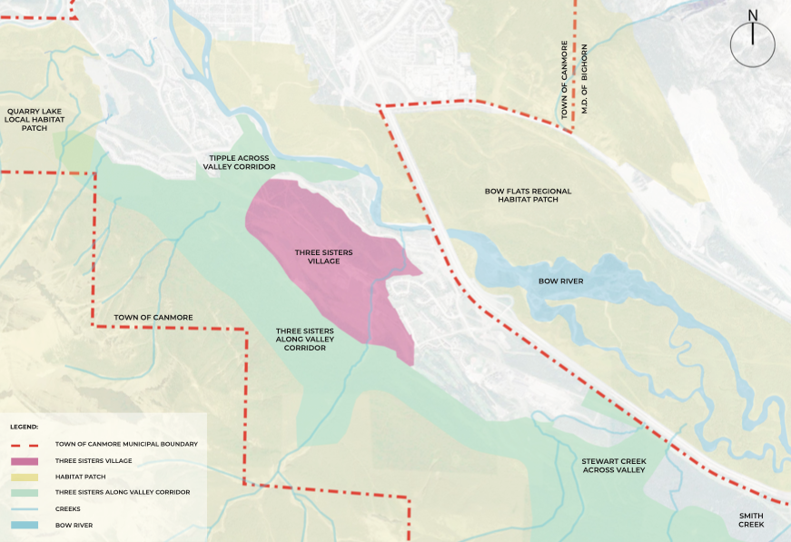 Habitat patches and wildlife corridors in Three Sisters near the proposed Village area. 