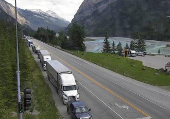 A traffic cam shows vehicles backed up on Highway 1 near Field, B.C., on Saturday (July 2). DRIVEBC SCREENSHOT