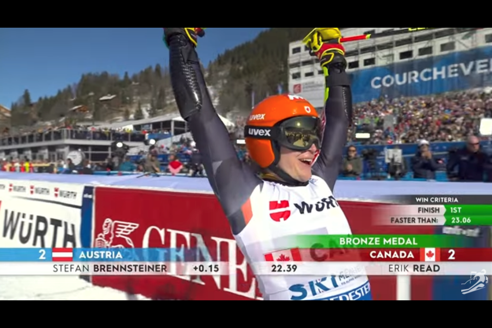 Canada's Erik Read crossed the line and celebrates a bronze medal in Mixed Team Parallel. YOUTUBE SCREENSHOT