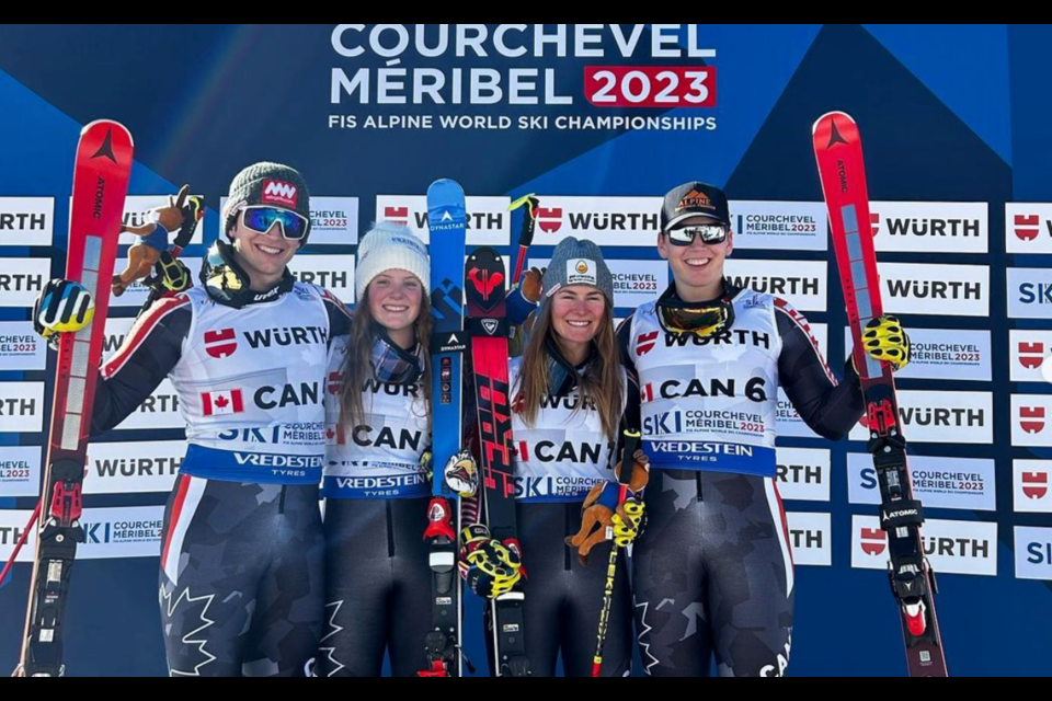 Canada's Erik Read, left, Britt Richardson, Valérie Grenier, and Jeff Read celebrate winning bronze in the mixed team parallel at the alpine world championships in Courchevel Meribel, France, on Tuesday (Feb. 14). INSTAGRAM SCREENSHOT