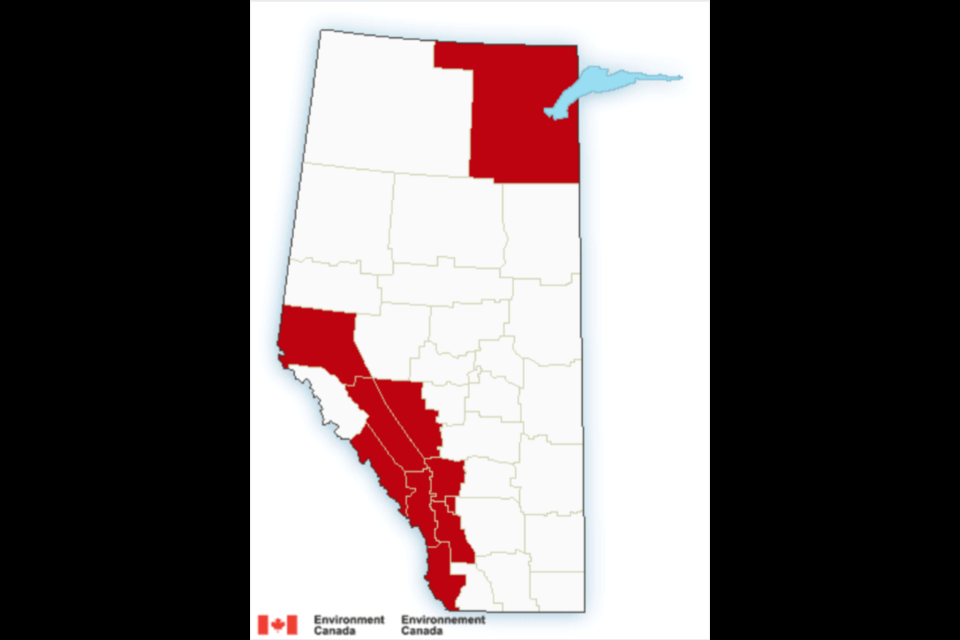 Snowfall warnings have been issued in western regions of Alberta on Sunday (Feb. 19). ENVIRONMENT CANADA SCREENSHOT