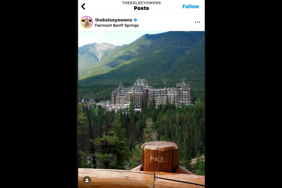 The initials MKB were carved into a fence post near Surprise Corner in Banff National Park. INSTAGRAM SCREENSHOT