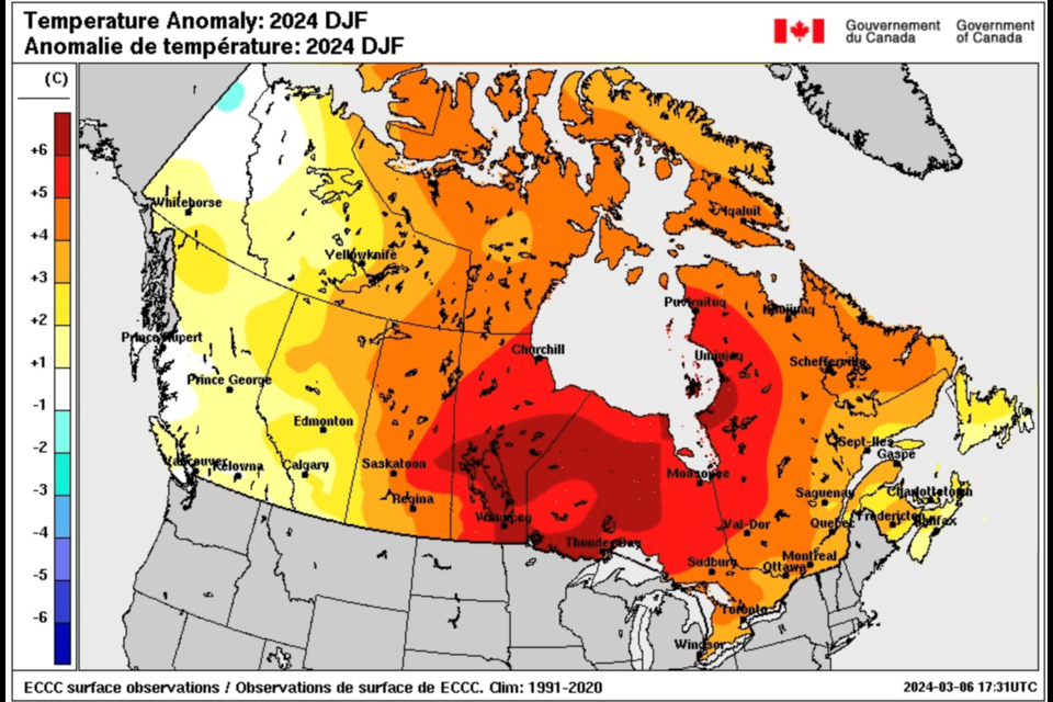 Temperature anomalies – the difference from normal –  for the months of December, January and February. Shades of yellow to red indicate that temperatures were above average. ENVIRONMENT AND CLIMATE CHANGE CANADA