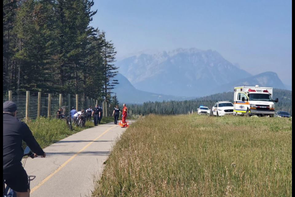 Emergency crews on scene following the death of a person on Legacy Trail in Banff National Park Saturday morning (Sept. 2). GREG COLGAN RMO PHOTO