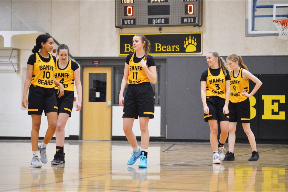 The Banff/Canmore super team's starting line-up against the Philles girls of Marburg, Germany, in an exhibition basketball game on Monday (Feb. 5) at Banff Community High School. From left: Maya Daniel, Breanne Carr, Sloane Donnelly, Sophie Sibbald and Stella Geestman. JORDAN SMALL RMO PHOTO