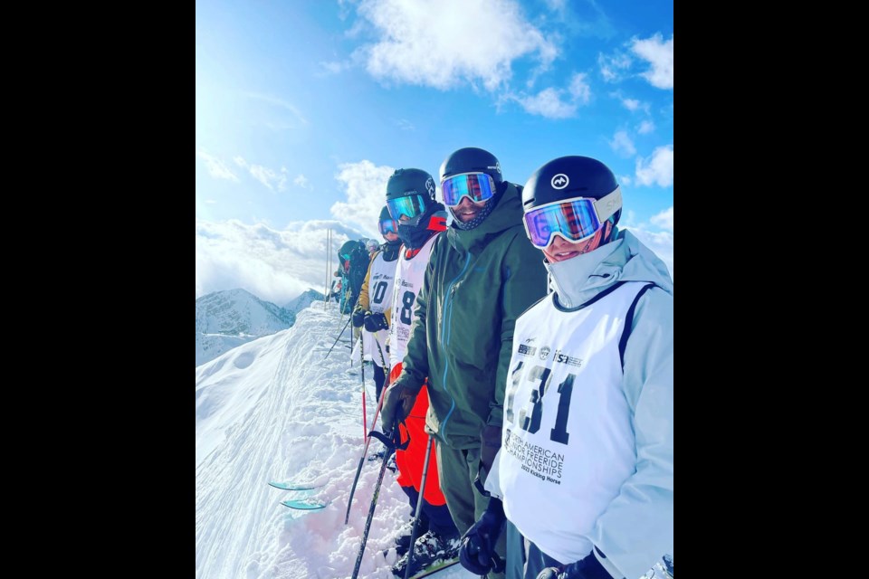 Banff's Seth Sands, Calgary's Anthony Chapman and John Vanka, ULLR Big Mountain coach Eli Panning-Osendarp, stand at the starting gate of the IFSA North American Junior Freeride Championshipsmlast weekend at Kicking Horse Mountain Resort in Golden, B.C.  AARON SANDS PHOTO