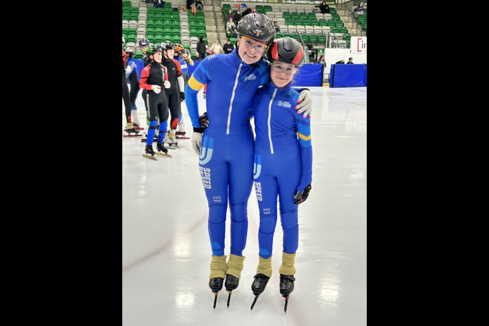 Banff Canmore Speedskating athletes Lily Fochuk, left, and Poppy Wheelhouse at he 2023 Canadian Youth Short Track Championships West in Saskatoon, Sask. SUBMITTED PHOTO
