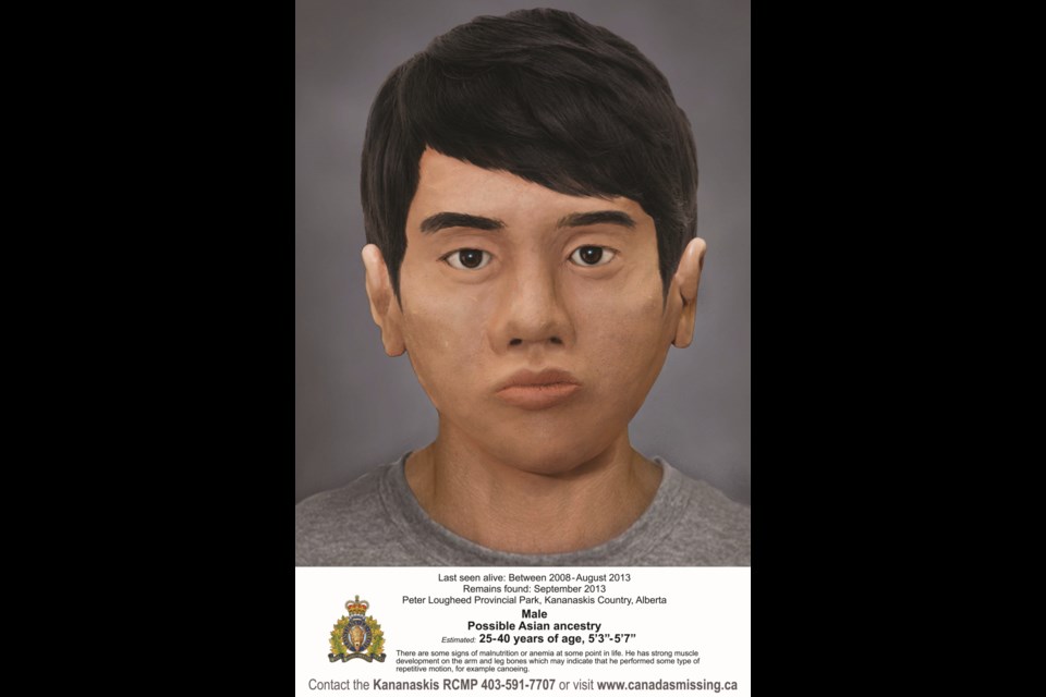 Facial reconstruction of the remains found in Kananaskis Country in September 2013. 
ALBERTA RCMP PHOTO