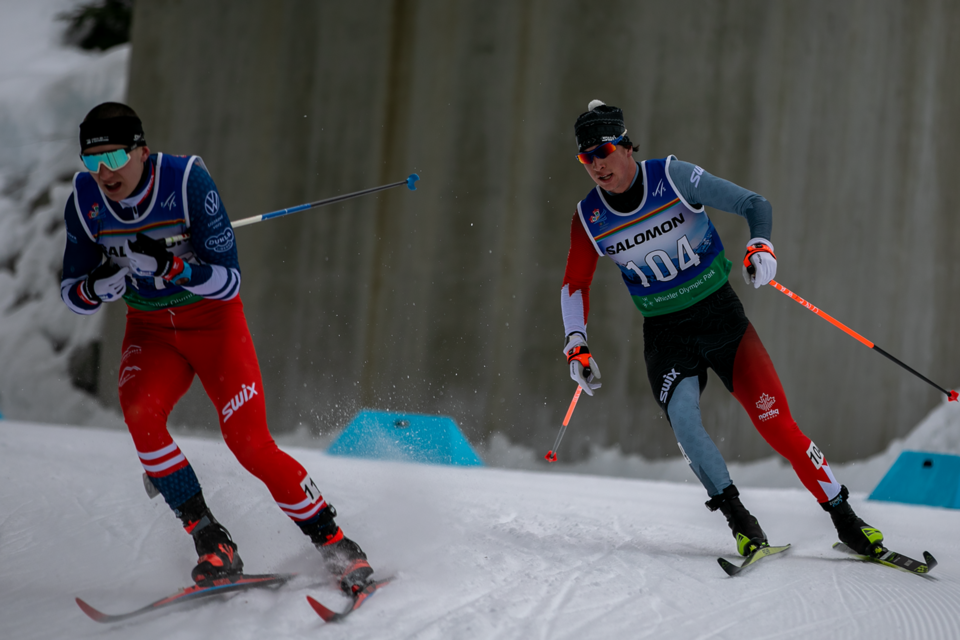 Team Canada's Xavier McKeever, right,  at the Junior World Ski Championships on Thursday (Feb. 2) in Whistler, B.C.

. PHOTO: @ONESKATEPHOTOS
