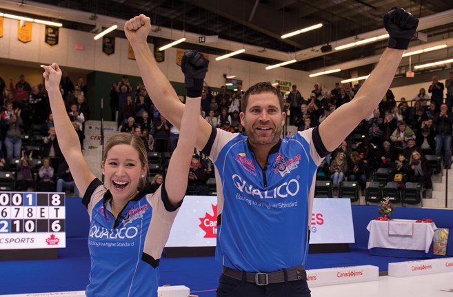 Kaitlyn Lawes and John Morris celebrate after winning the Canadian mixed double curling trials in Portage La Prairie, Man., Sunday (Jan. 7).
