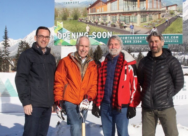 MP Blake Richards, left, Neil Tanner, Mayor John Borrowman and Michael Fark at the official ground breaking for The Shops of Canmore.
