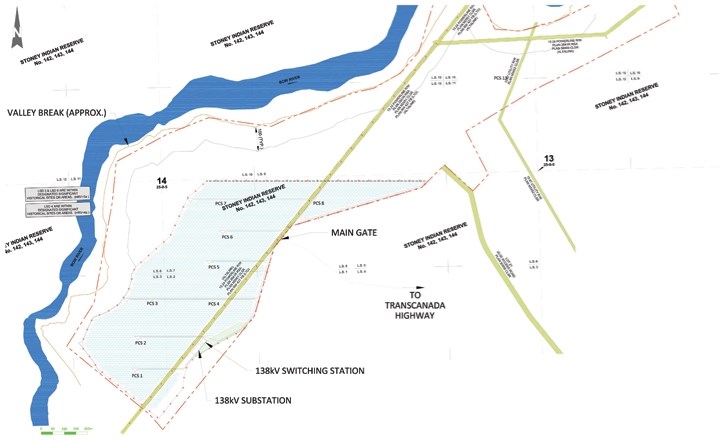 Phase one of the Chiniki solar project is shaded in light blue. The area outlined in red is lot 42, which was included in the land designation referendum held on Feb. 15,