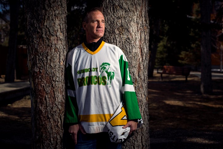 Corey Belireau, a former player for the Humboldt Broncos, stands in Friendship Park in Canmore on Wednesday (April 11). Belireau was involved in a car accident while playing