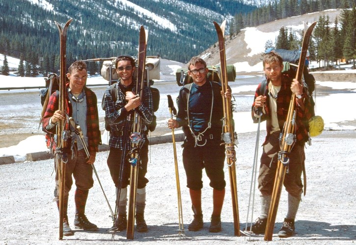Chic Scott and his friends Charlie, Don and Neil before the 1967 Great Divide ski traverse.