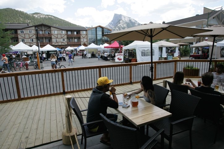 The Bear Street woonerf and farmers market during the summer. Banff council has approved creating a permanent design for the pedestrian oriented streetscape and is