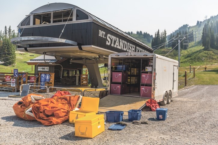 Banff’s sprinkler trailer sits next to the Mt. Standish Express lift at Sunshine Village in July of 2017. The Banff fire department deployed the sprinker trailer to assist in 