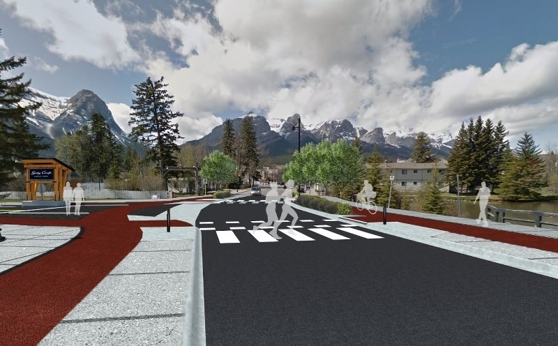 A rendering of the streetscape propsed by the Town of Canmore in its design for the intersection of Main Street and Spring Creek Drive that includes one of two entranceway