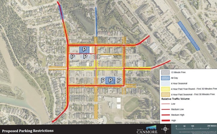 Proposed locations for paid parking in Canmore.