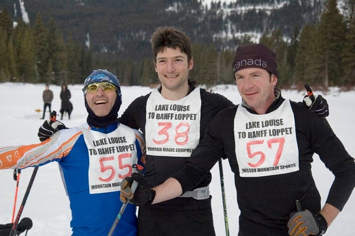 Pictured left to right, Yvon Sevigny, Blaine Penny and Kirk Howell finished in the top three at the Banff to Lake Louise loppet on Sunday.